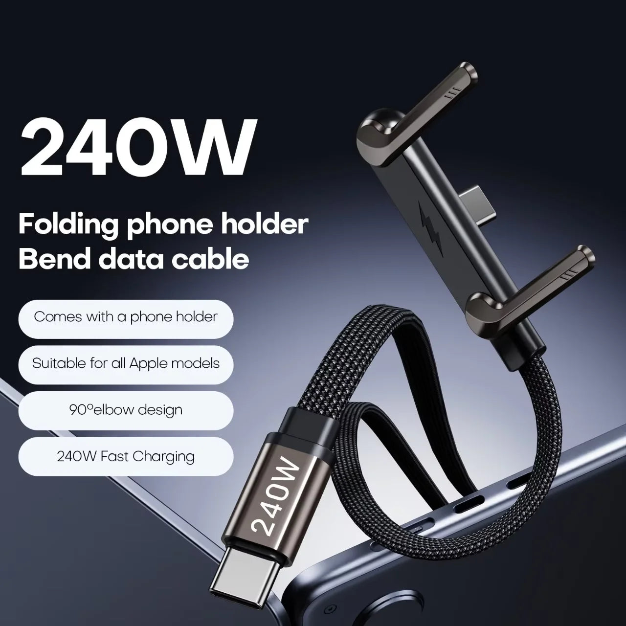 240W PD Type C 2-in-1 Fast Charging Cable Foldable Phone Holder 90° Multi Charger Cord Data Cable for IPhone 17 16 15 PM Mi 2026