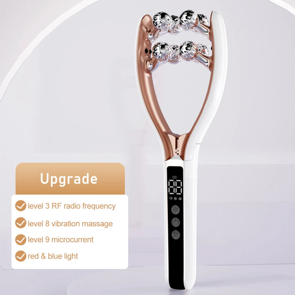 Microcurrent Facial Massager with 3D Roller Neck and Face Slimmer Rechargeable Double Chin Reducer V face Lift Device
