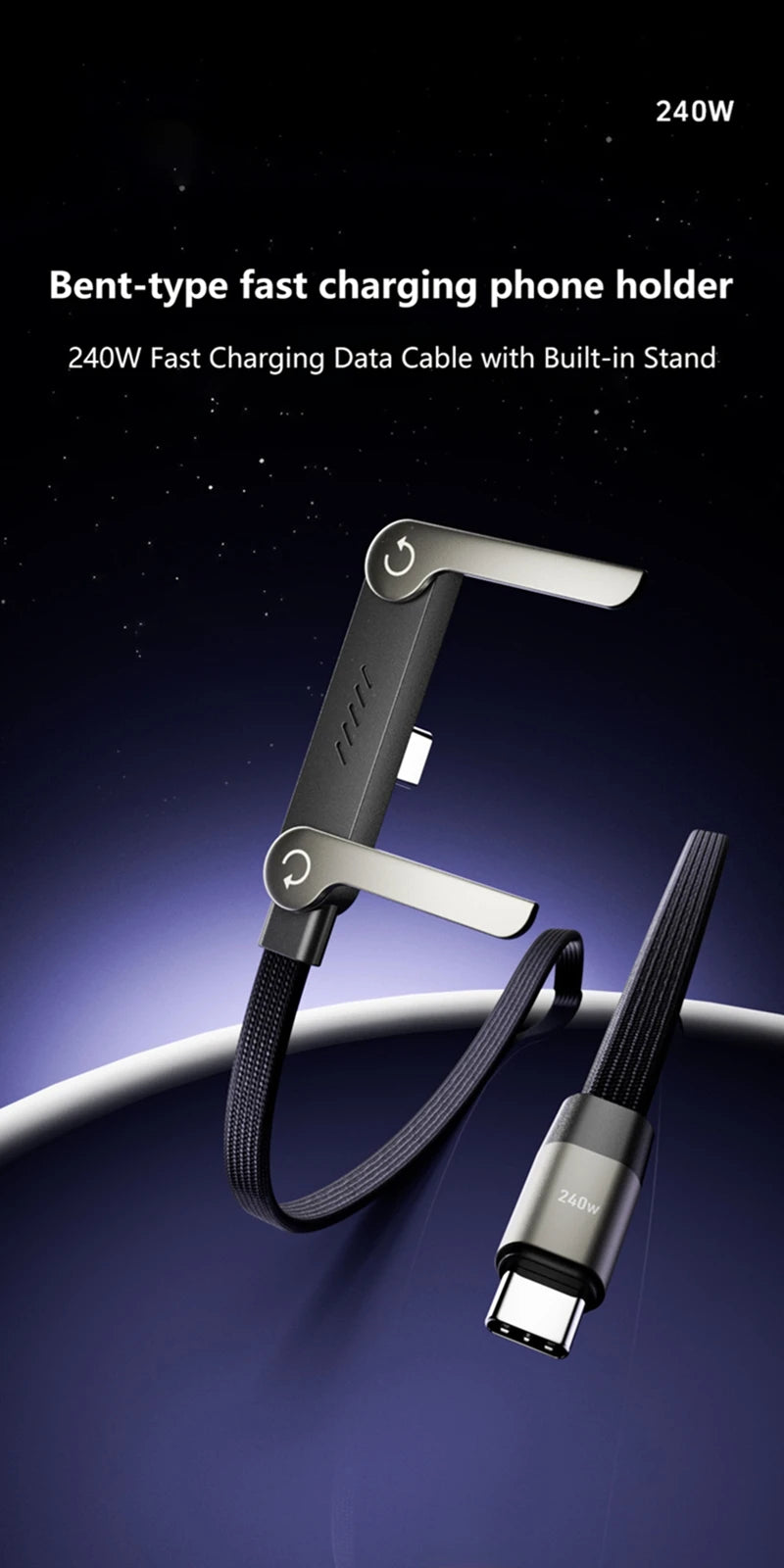 240W PD Type C 2-in-1 Fast Charging Cable Foldable Phone Holder 90° Multi Charger Cord Data Cable for IPhone 17 16 15 PM Mi 2026