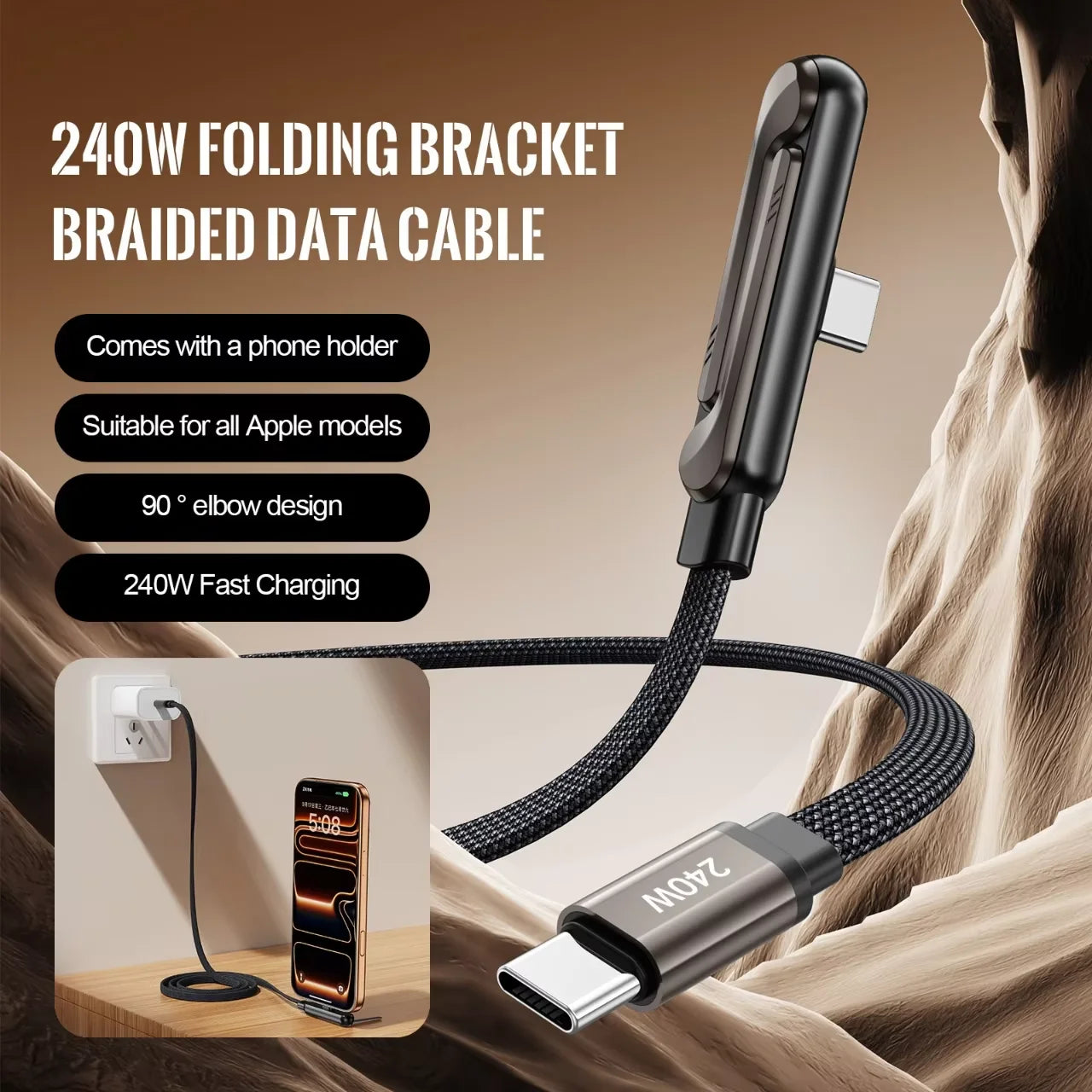 240W PD Type C 2-in-1 Fast Charging Cable Foldable Phone Holder 90° Multi Charger Cord Data Cable for IPhone 17 16 15 PM Mi 2026