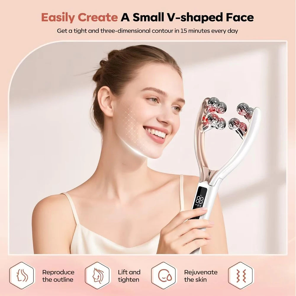 Microcurrent Facial Massager with 3D Roller Neck and Face Slimmer Rechargeable Double Chin Reducer V face Lift Device