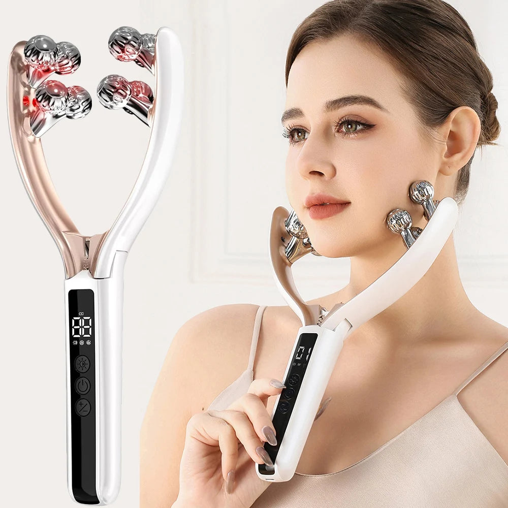 Microcurrent Facial Massager with 3D Roller Neck and Face Slimmer Rechargeable Double Chin Reducer V face Lift Device
