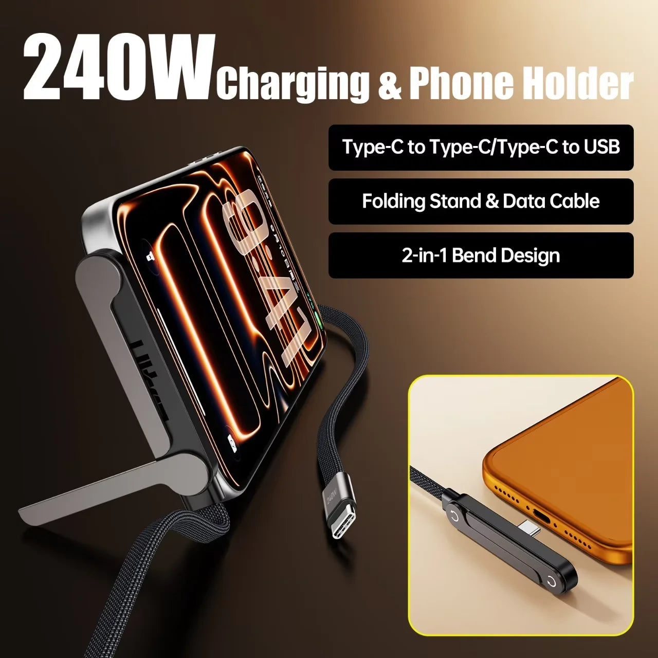 240W PD Type C 2-in-1 Fast Charging Cable Foldable Phone Holder 90° Multi Charger Cord Data Cable for IPhone 17 16 15 PM Mi 2026