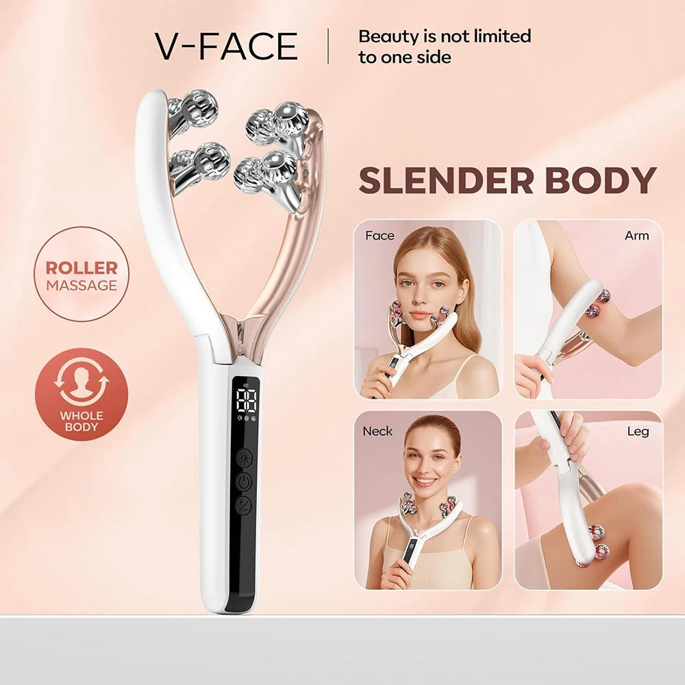Microcurrent Facial Massager with 3D Roller Neck and Face Slimmer Rechargeable Double Chin Reducer V face Lift Device