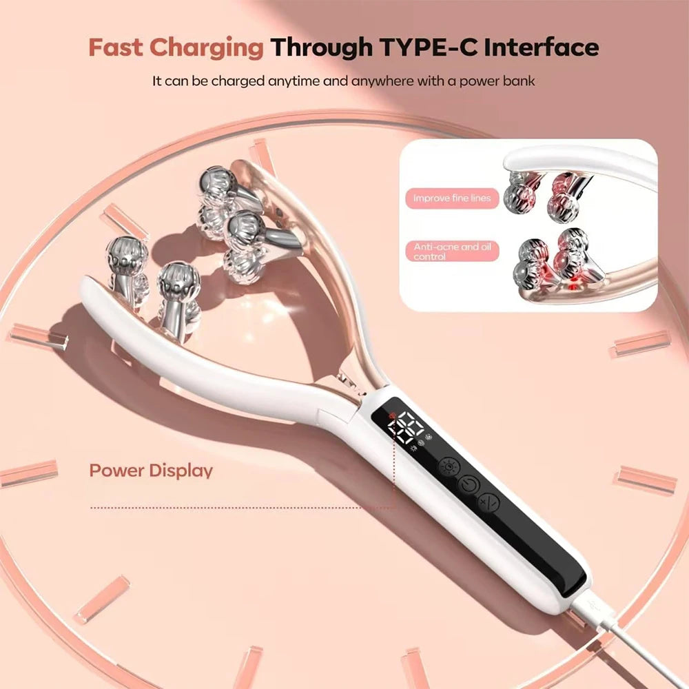 Microcurrent Facial Massager with 3D Roller Neck and Face Slimmer Rechargeable Double Chin Reducer V face Lift Device